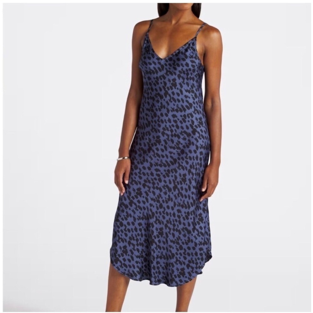 Bella Dahl Blue Black Animal Print Midi Slip Dress XL Adjustable Straps